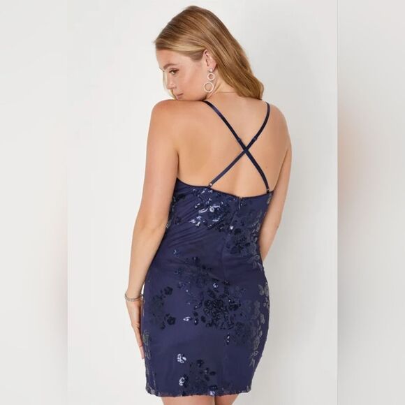 Lulu's Wondrous Sparkle Navy Blue Floral Sequin Bodycon Mini Dress - Picture 2 of 4